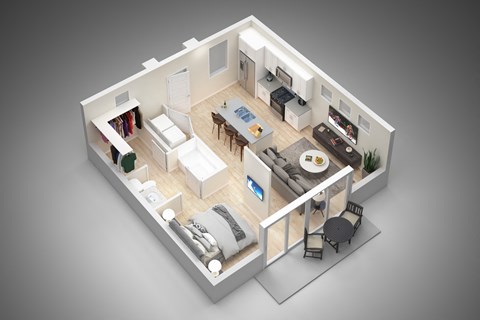 A 3D rendered image of a modern apartment layout.